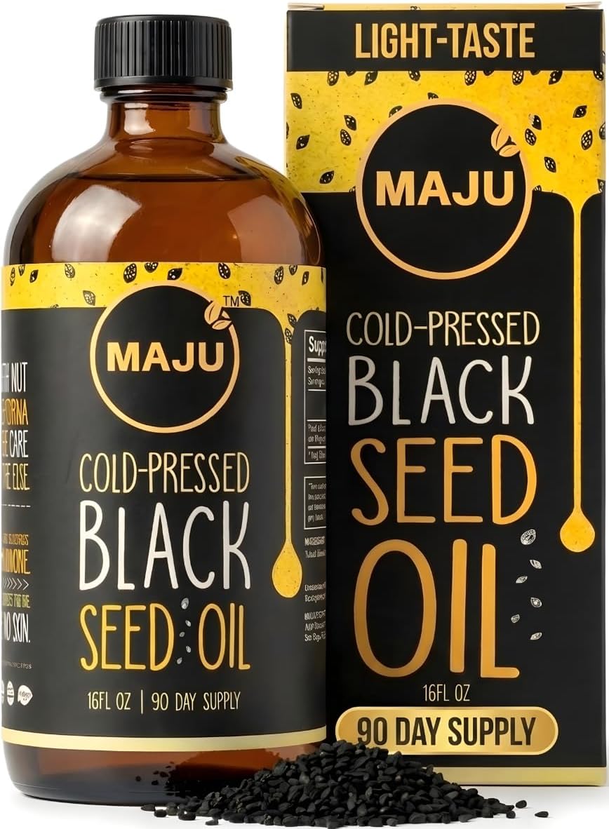 MAJU's Black Seed Oil 16oz: 2X Thymoquinone, Cold Pressed Turkish Black Cumin Nigella Sativa Seed Oil (Better Than Organic), Non-GMO, 100% Liquid Pure Blackseed, Glass Bottle