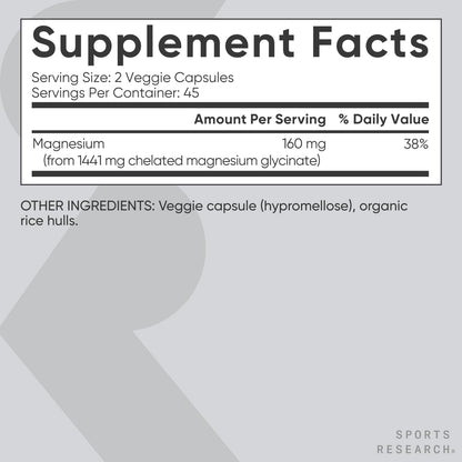 Sports Research® Magnesium Glycinate - Supports Restful Sleep & Enzymatic Processes - 160 mg Chelated Magnesium - Vegan Capsule - 90 Count