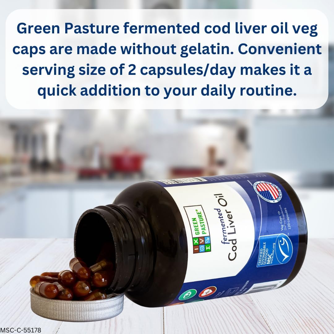 Green Pasture Fermented Cod Liver Oil Capsules - Wild Alaska Cod, Vitamins A & D, Omega-3, Non-Gelatin 120 Count