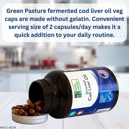 Green Pasture Fermented Cod Liver Oil Capsules - Wild Alaska Cod, Vitamins A & D, Omega-3, Non-Gelatin 120 Count