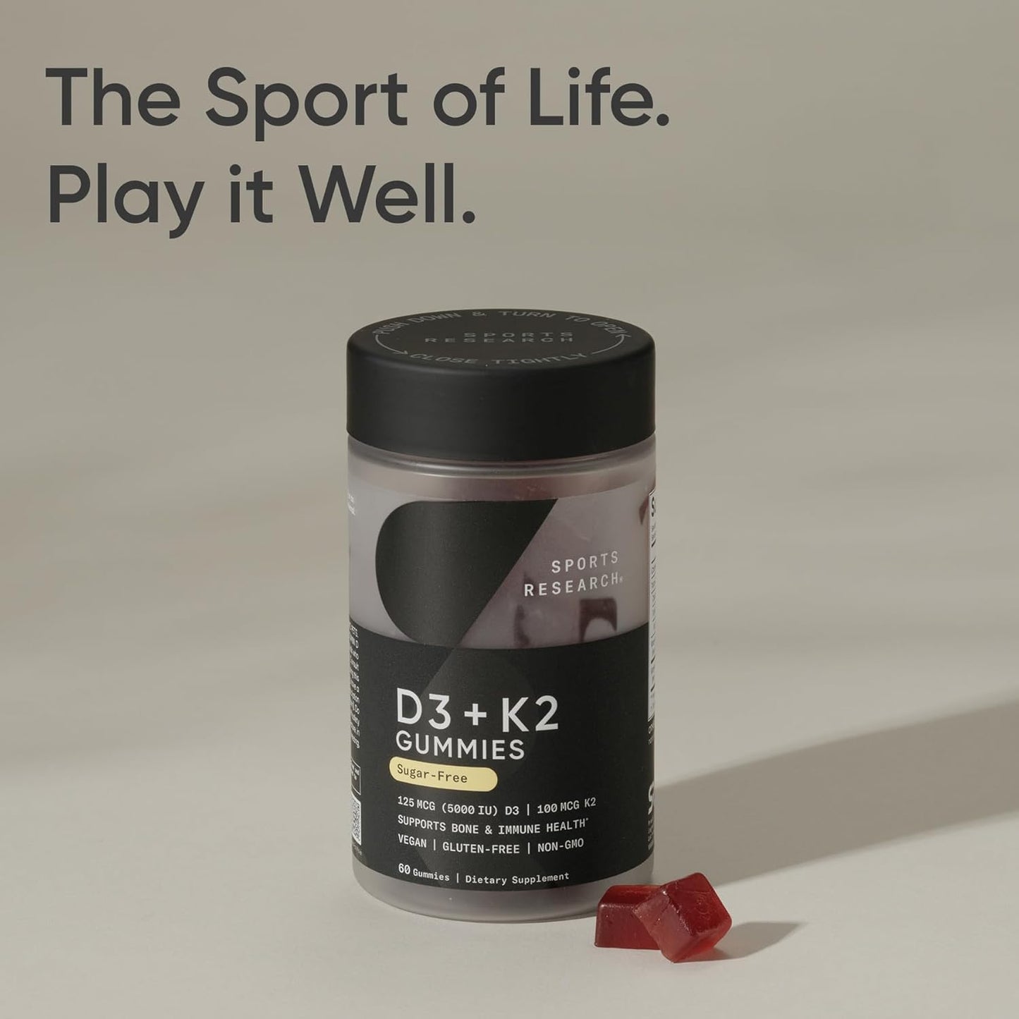 Sports Research Vegan Vitamin D3 + K2 Gummies – 5000 IU D3, MK-7 K2 [60ct]
