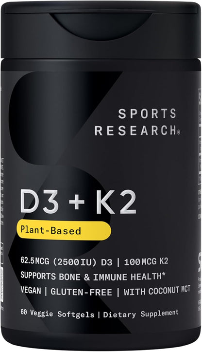 Sports Research® Vegan Vitamin D3 + K2 w/Coconut Oil, 60 Count Plantgels™