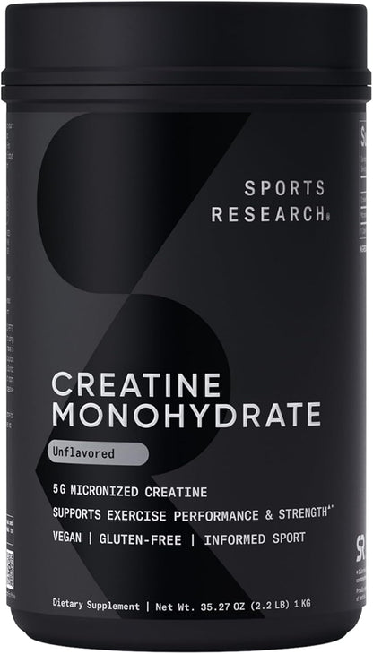 Sports Research® Creatine Monohydrate Capsules - May Support Workout Recovery, Lean Muscle gain, Performance and Strength* - Non-GMO, Vegan Certified - 5g per Servings - 30 Servings