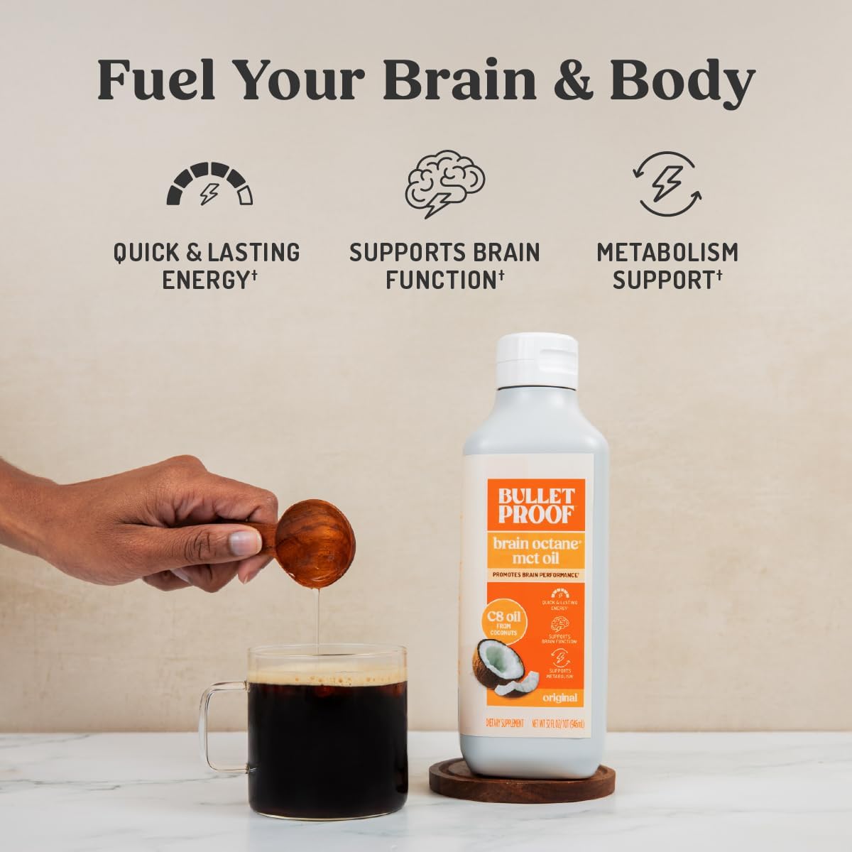 Bulletproof Coconut Brain Octane C8 MCT Oil, 16 Ounces, Premium Keto Supplement for Sustained Energy, Brain and Body Fuel, Unflavored, Add to Coffee and Smoothies, Packaging May Vary