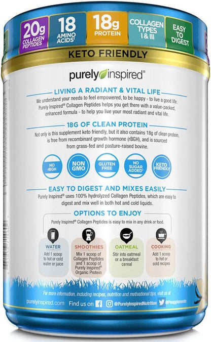 Purely Inspired Collagen Powder |Collagen Peptides Supplements for Women & Men | Collagen Protein Powder with Biotin | Paleo + Keto Certified | Unflavored, 0.9 lb (Packaging May Vary)