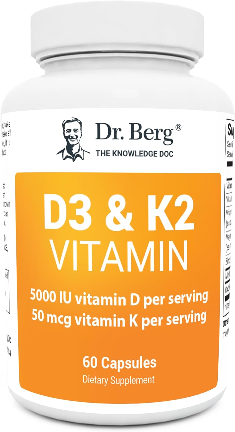 Dr. Berg D3 K2 Vitamin 5000 IU w/MCT Powder - Includes 50 mcg MK7 Vitamin K2, Purified Bile Salts, Zinc & Magnesium for Ultimate Absorption - K2 D3 Vitamin Supplement - 60 Capsules