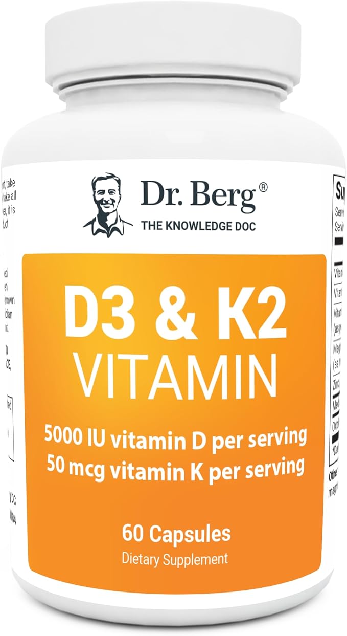 Dr. Berg D3 K2 Vitamin 5000 IU w/MCT Powder - Includes 50 mcg MK7 Vitamin K2, Purified Bile Salts, Zinc & Magnesium for Ultimate Absorption - K2 D3 Vitamin Supplement - 60 Capsules