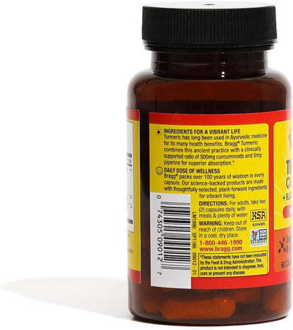 Bragg Turmeric Curcumin with BioPerine 1000mg Supplement - 95% Standardized Curcuminoids for High Absorption - Joint Support – Vegan – Non-GMO - Capsules with Black Pepper (60 Pills)