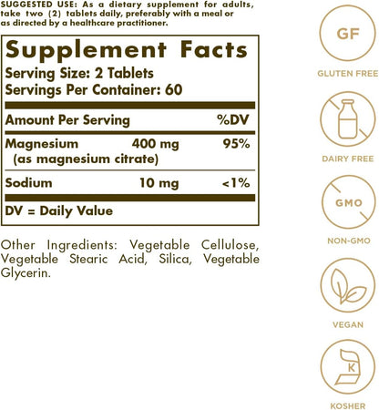 Solgar Magnesium Citrate, 120 Tablets - Promotes Healthy Bones - Supports Nerve & Muscle Function - Non GMO, Vegan, Gluten Free, Dairy Free, Kosher - 60 Servings