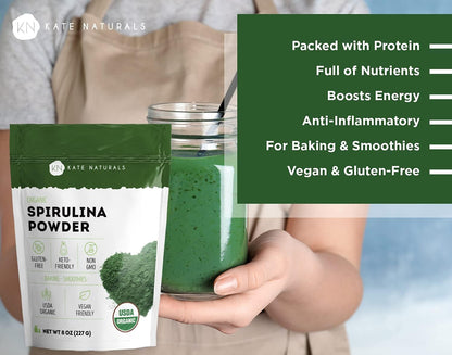 Kate Naturals Organic Spirulina Powder for Immune Support and Antioxidants. Nutrient Dense Superfood Supplement (8 oz, USDA Certified, Non-GMO, Gluten- Free)