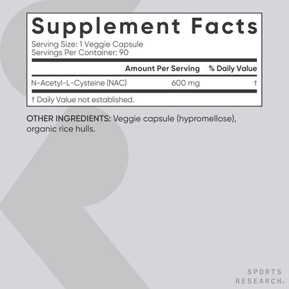 Sports Research N-Acetyl L-Cysteine (NAC) 600mg, 90 Veggie Capsules - Vegan, Non-GMO, Gluten Free. Lemon Aroma