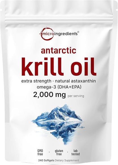 Micro Ingredients Antarctic Krill Oil Supplement, 2,000mg Per Serving, 240 Softgels, Triple Strength, Rich in Omega-3s EPA, DHA & Natural Astaxanthin, Supports Immune System & Brain Health