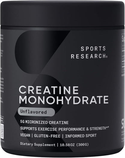 Sports Research® Creatine Monohydrate Capsules - May Support Workout Recovery, Lean Muscle gain, Performance and Strength* - Non-GMO, Vegan Certified - 5g per Servings - 30 Servings