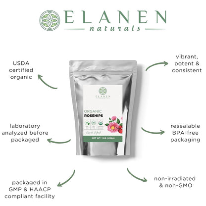 Elanen Naturals Organic Rose Hips 4 oz. (113g), USDA Certified Organic Rosehip Tea, Dried Rose Hips, Whole Rosehips Bulk, Cut & Sifted