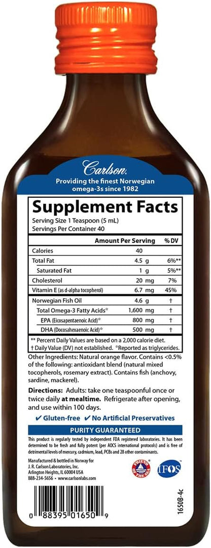 Carlson - Cod Liver Oil, 1100 mg Omega-3s, Plus Vitamins A and D3, Wild Caught Norwegian Arctic Cod Liver Oil, Sustainably Sourced Nordic Fish Oil Liquid, Unflavored, 250 mL (8.4 Fl Oz)