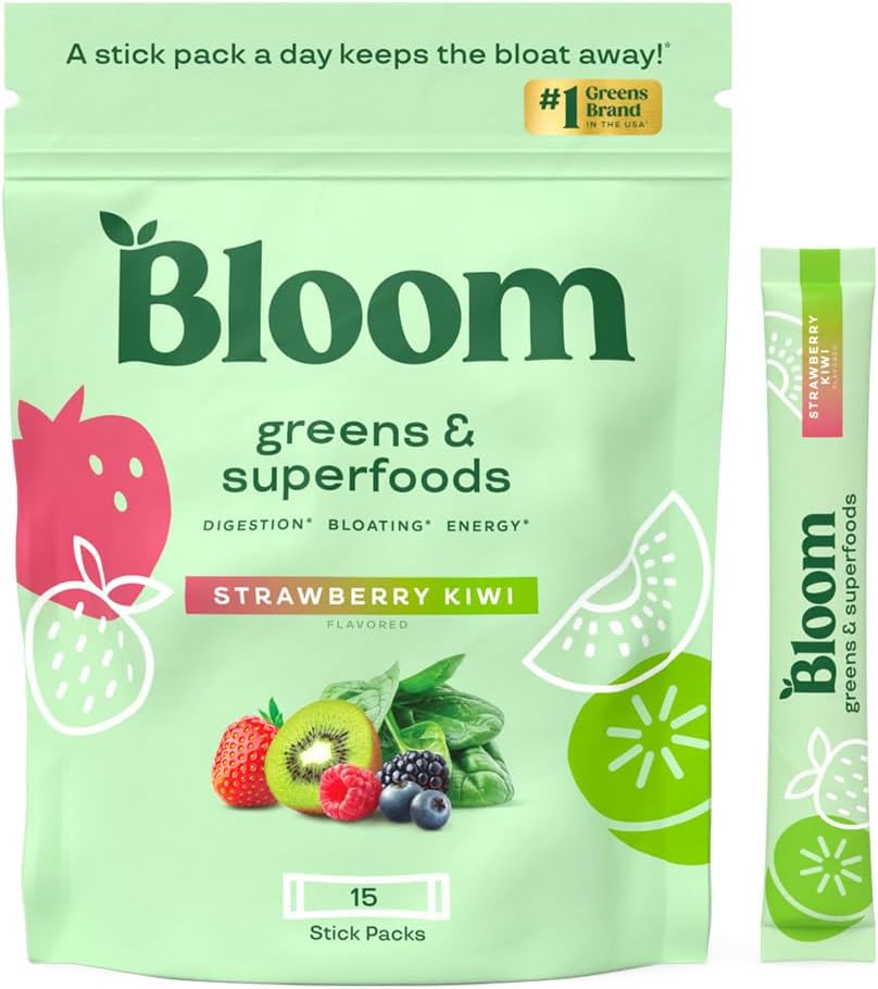 Bloom Nutrition Greens and Superfoods Powder for Digestive Health, Greens Powder, Digestive Enzymes, Probiotics, Spirulina, Chlorella for Bloating & Gut Support, Green Juice, 30 SVG, Strawberry Kiwi