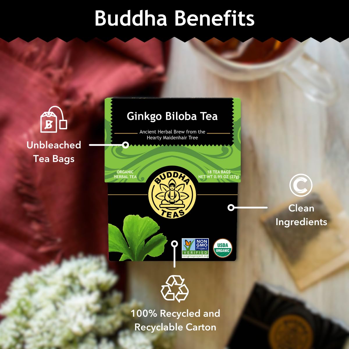Buddha Teas - Chaga Tea - Organic Herbal Tea - For Cognitive Balance & Overall Health - With Chaga Mushroom, Antioxidants & B Vitamins - Caffeine Free - OU Kosher - 18 Tea Bags (Pack of 1)