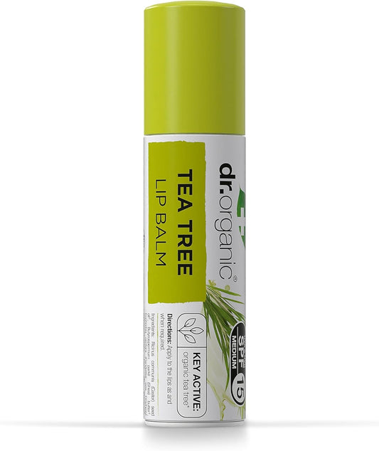Dr Organic Tea Tree Lip Balm, Moisturising, SPF 15, Mens, Womens, Natural, Vegetarian, Cruelty-Free, Paraben & SLS-Free, Recycled & Recyclable, Organic, 5.7ml, Packaging may vary