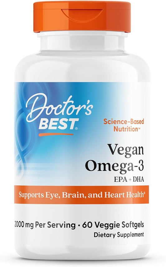 Doctor's Best Vegan Omega-3 EPA + DHA, Supports Eye, Brain, and Heart Health, Non-GMO, Gluten Free, Vegan, 60 Veggie Softgels