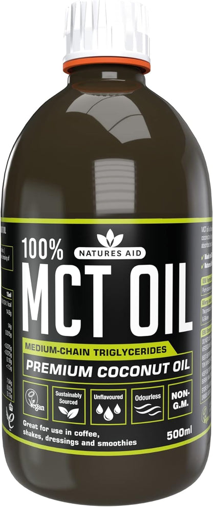 Natures Aid 100 Percent MCT Oil, Premium Coconut Oil, Sustainably Sourced, Add to Coffees or Shakes, Vegan, 500 ml