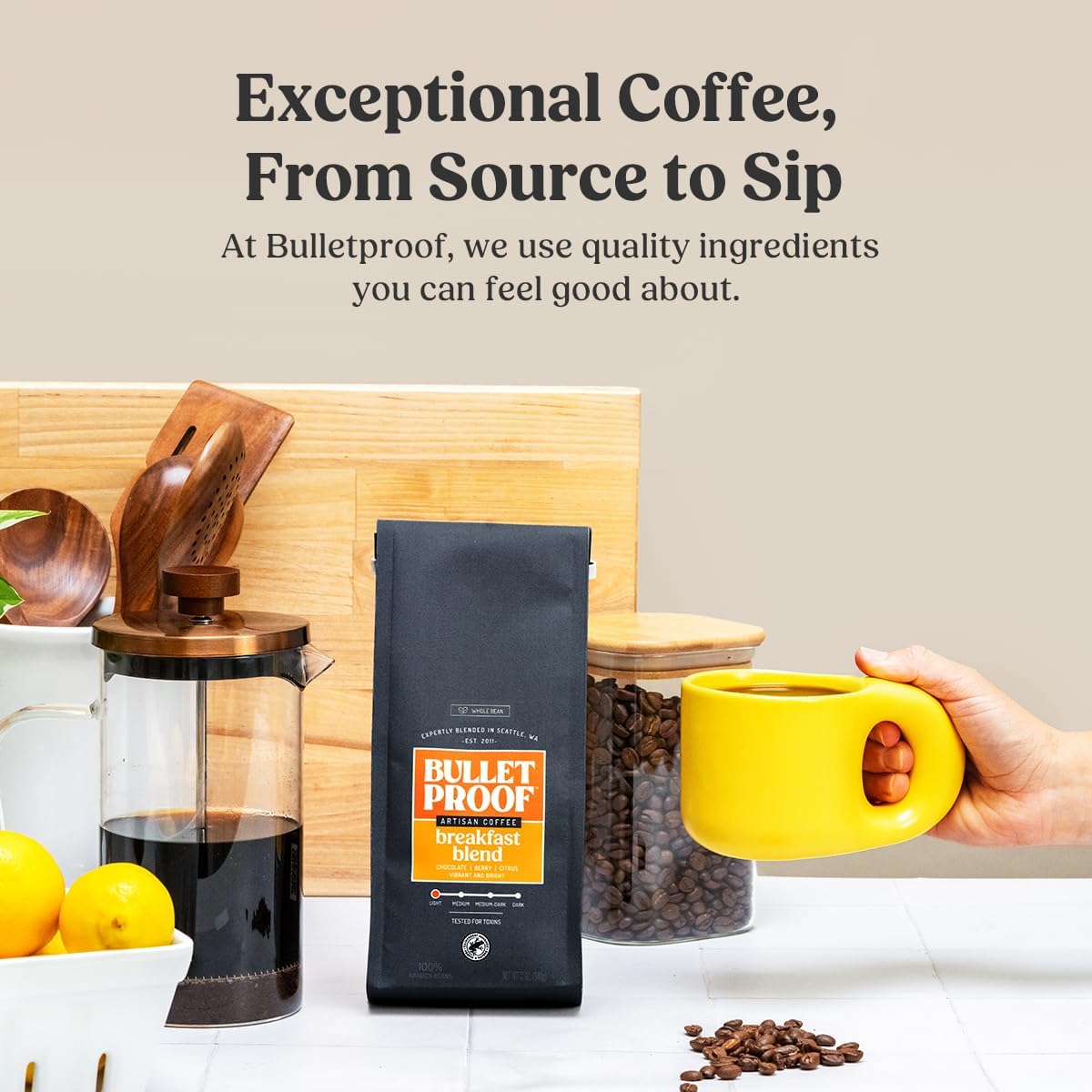 Breakfast Blend Whole Bean Coffee, Light Roast, 12 Oz, Bulletproof Luminate Keto 100% Arabica Coffee, Certified Clean Coffee, Rainforest Alliance, Sourced from Guatemala, Colombia & El Salvador