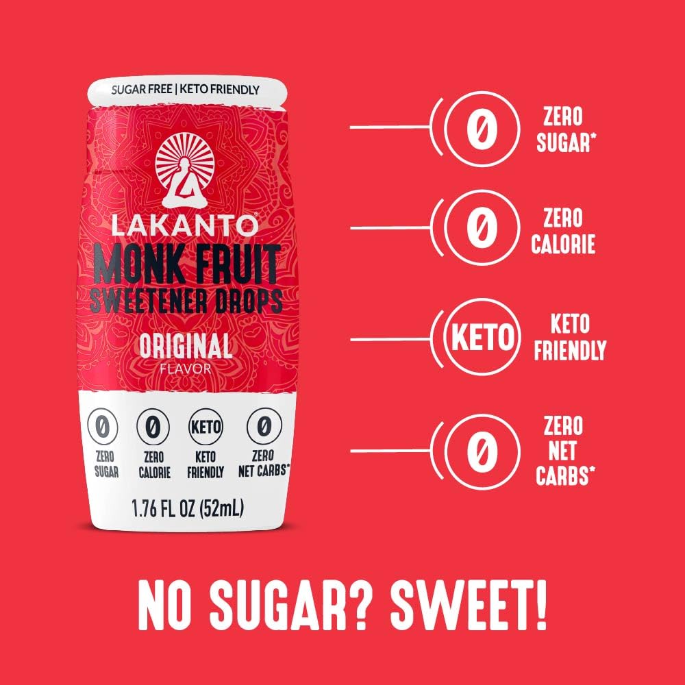 Lakanto Liquid Monk Fruit Extract Drops, Original, Erythritol Free Sugar Substitute Sweetener For Coffee, Tea, Smoothies, Oatmeal, Yogurt, Cocktails, Sugar Free, Vegan, Keto, Zero Sugar (1.76 Fl Oz)