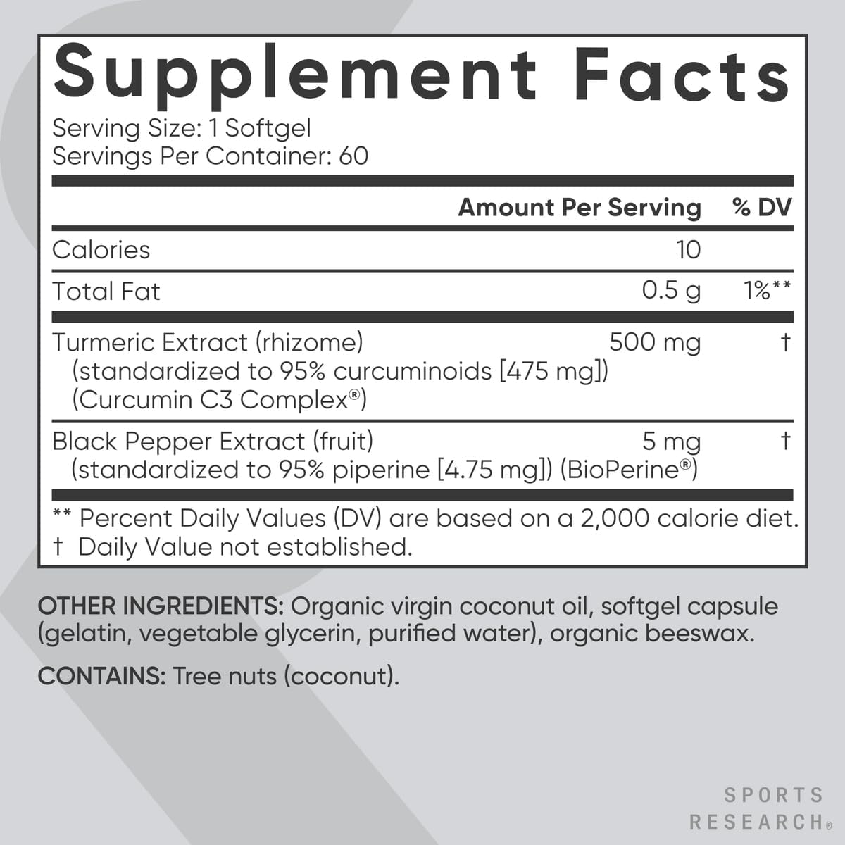Sports Research Turmeric Curcumin C3 Complex - Softgels with Bioperine Black Pepper Extract & Organic Coconut Oil, Standardized 95% Curcuminoids - Non-GMO Verified & Gluten Free - 500mg, 120 Count
