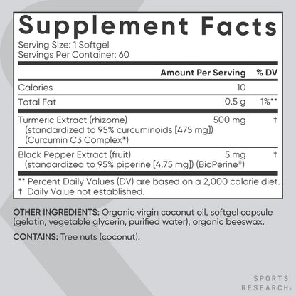 Sports Research Turmeric Curcumin C3 Complex - Softgels with Bioperine Black Pepper Extract & Organic Coconut Oil, Standardized 95% Curcuminoids - Non-GMO Verified & Gluten Free - 500mg, 120 Count