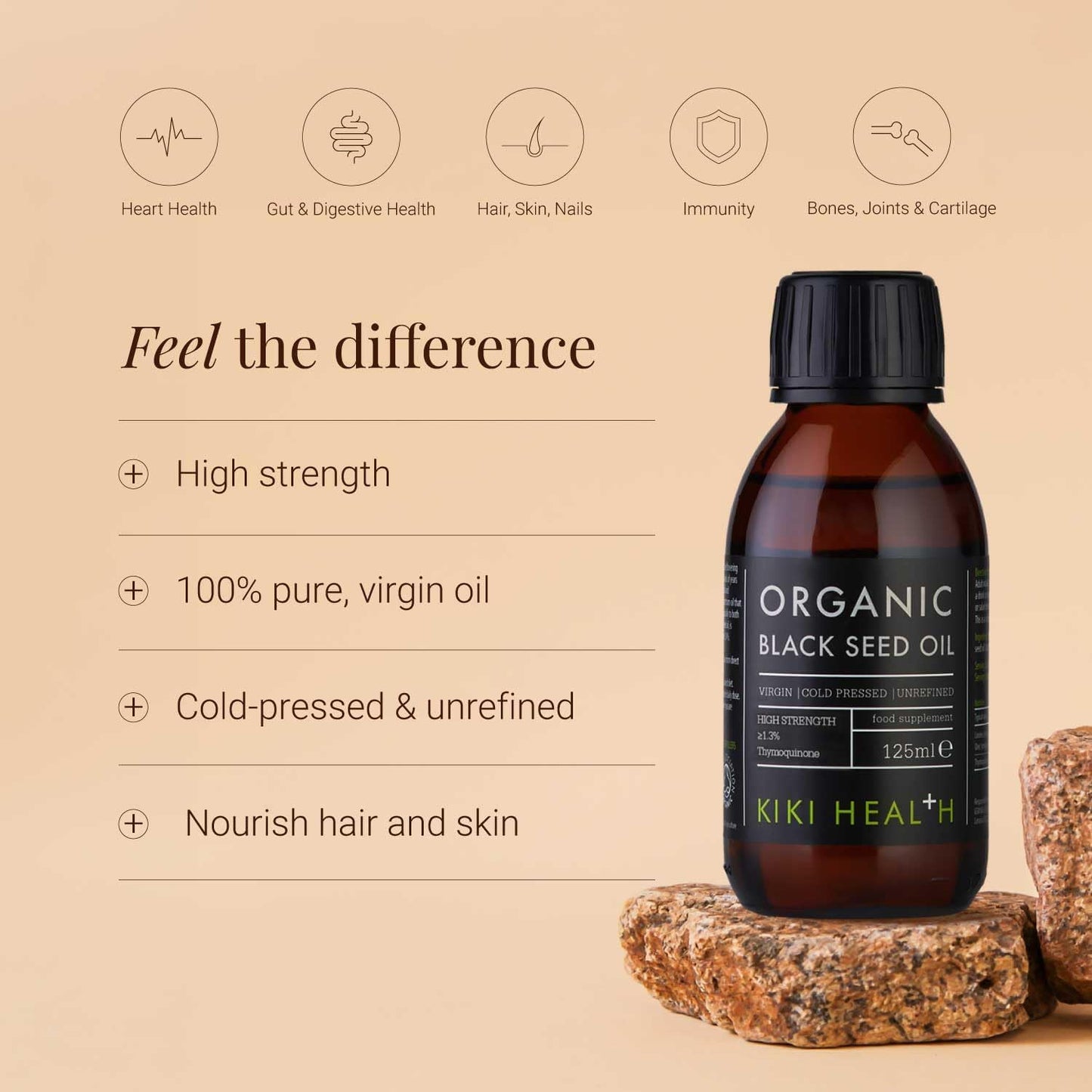 KIKI Health Organic Black Seed Oil | Cold Pressed | 2.4% Thymoquinone | Antioxidant for Immune Health, Brain Function, Joints, Digestion, Hair & Skin | Vegan, Gluten-Free, Non-GMO - 125ml