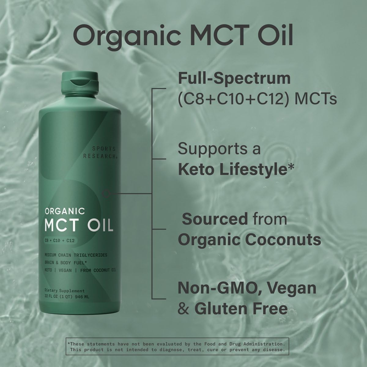 Sports Research Keto MCT Oil from Organic Coconuts - Fatty Acid Fuel for Body + Brain - Single Ingredient C8 Caprylic Acid - Perfect in Coffee, Tea, & More - Non-GMO & Vegan - Unflavored (16 Oz)