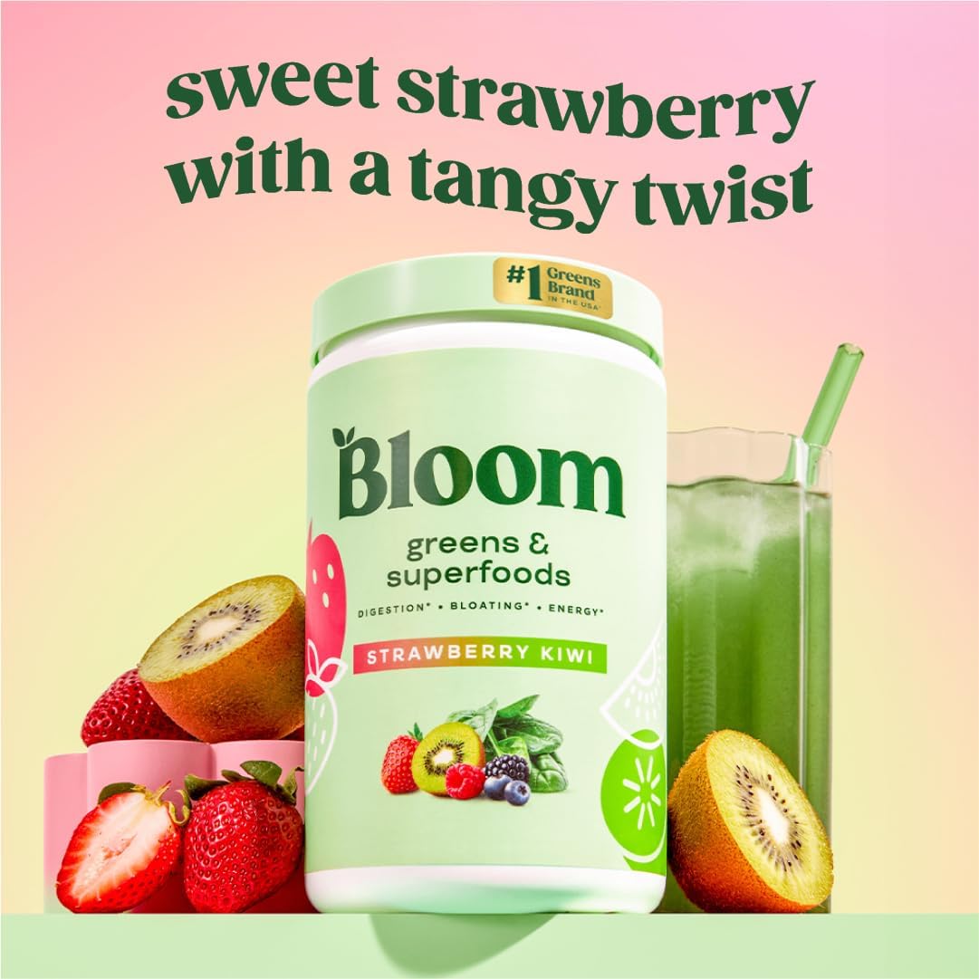 Bloom Nutrition Greens and Superfoods Powder for Digestive Health, Greens Powder, Digestive Enzymes, Probiotics, Spirulina, Chlorella for Bloating & Gut Support, Green Juice, 30 SVG, Strawberry Kiwi