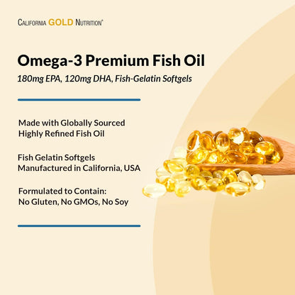 Omega-3 Premium Fish Oil by California Gold Nutrition, Concentrated Formula with EPA & DHA, Support for Optimal Lipid Profile & Immune System, Gluten Free, Non-GMO, 100 Fish Gelatin Softgels