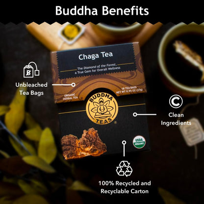 Buddha Teas - Chaga Tea - Organic Herbal Tea - For Cognitive Balance & Overall Health - With Chaga Mushroom, Antioxidants & B Vitamins - Caffeine Free - OU Kosher - 18 Tea Bags (Pack of 1)