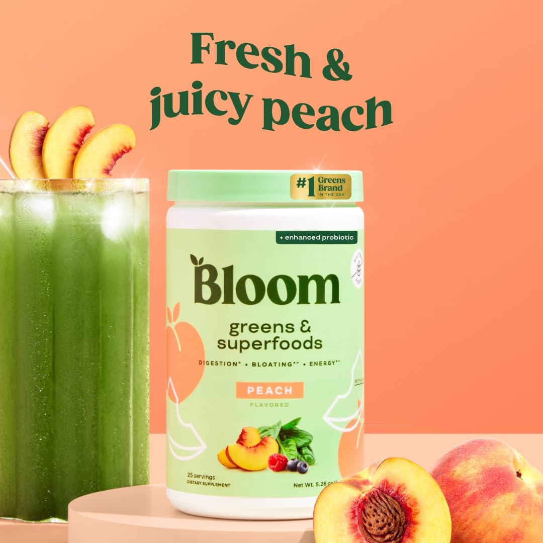 Bloom Nutrition Greens and Superfoods Powder for Digestive Health, Greens Powder, Digestive Enzymes, Probiotics, Spirulina, Chlorella for Bloating & Gut Support, Green Juice, 30 SVG, Strawberry Kiwi