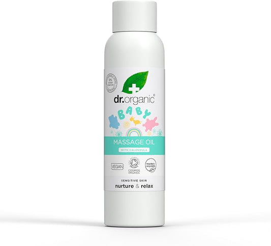 Dr Organic Baby Massage Oil with Calendula, Sensitive Skin, Soothing & Bonding Massage, Dermatologically Tested, Natural, Vegan, Cruelty-Free, Paraben & SLS Free, Certified Organic, 150ml