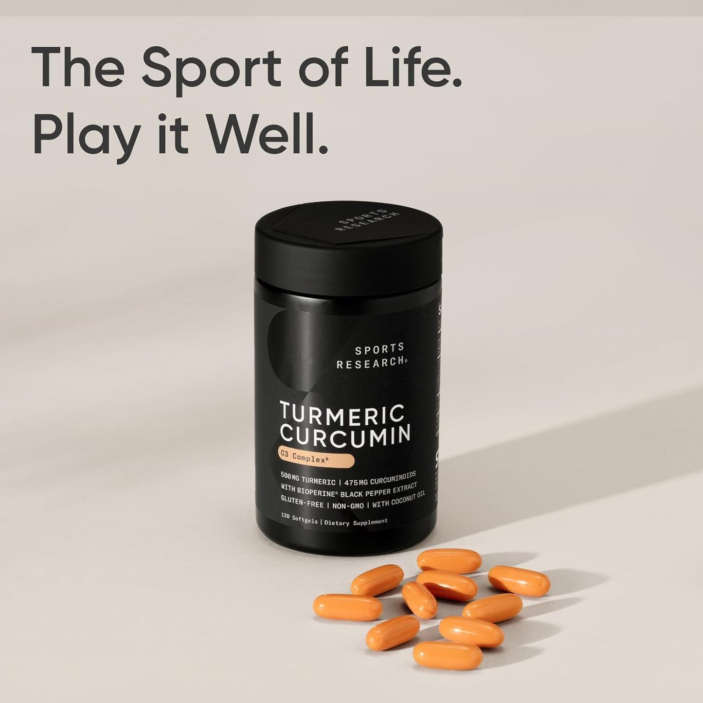 Sports Research Turmeric Curcumin C3 Complex - Softgels with Bioperine Black Pepper Extract & Organic Coconut Oil, Standardized 95% Curcuminoids - Non-GMO Verified & Gluten Free - 500mg, 120 Count