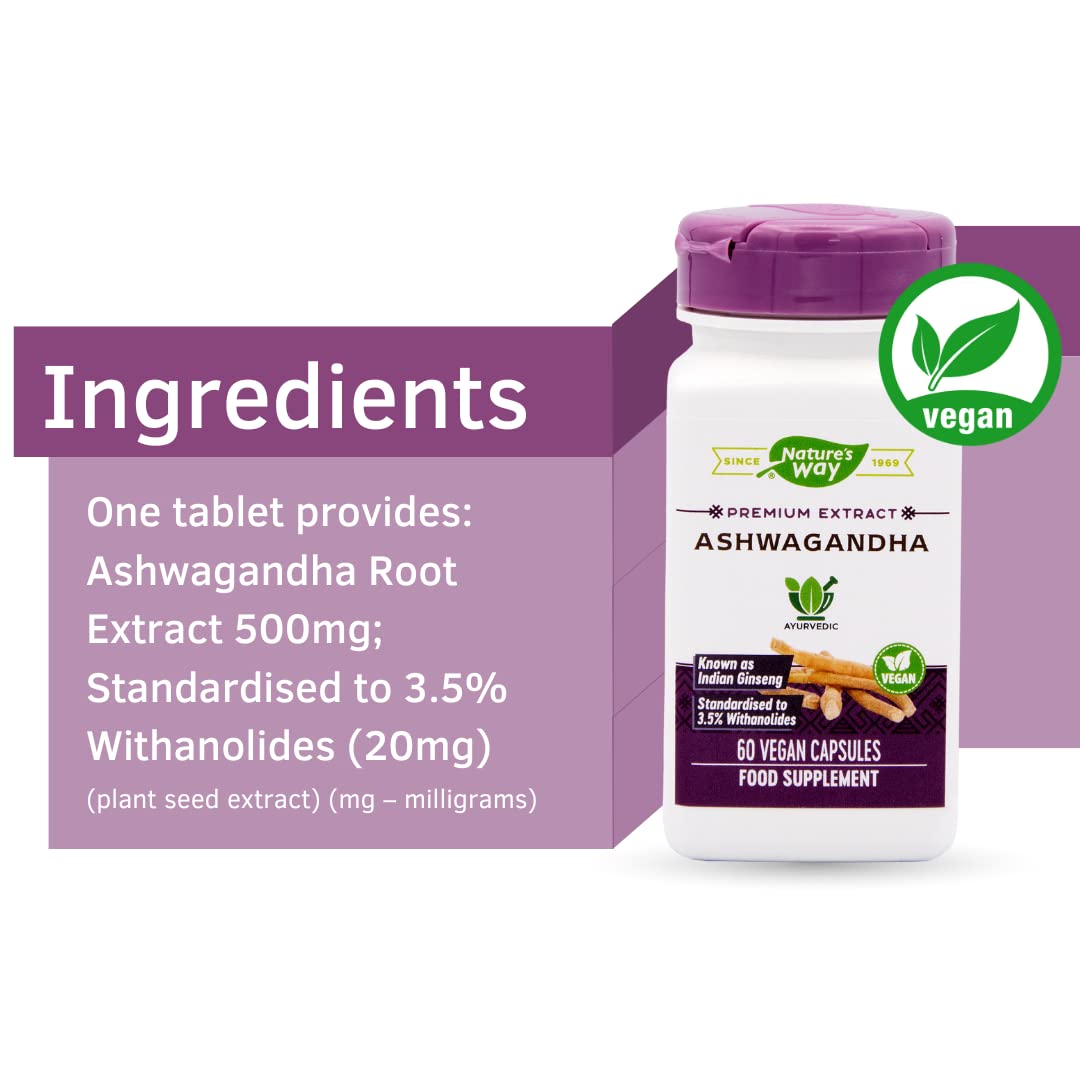 Nature's Way Ashwagandha Root Extract 500mg, Indian Ginseng, Ayurvedic Premium Extract, Standardised to 3.5% Withanolides, Suitable for Vegans and Vegetarians - 60 Capsules