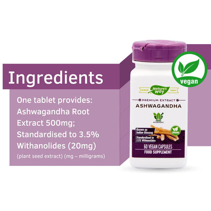 Nature's Way Ashwagandha Root Extract 500mg, Indian Ginseng, Ayurvedic Premium Extract, Standardised to 3.5% Withanolides, Suitable for Vegans and Vegetarians - 60 Capsules