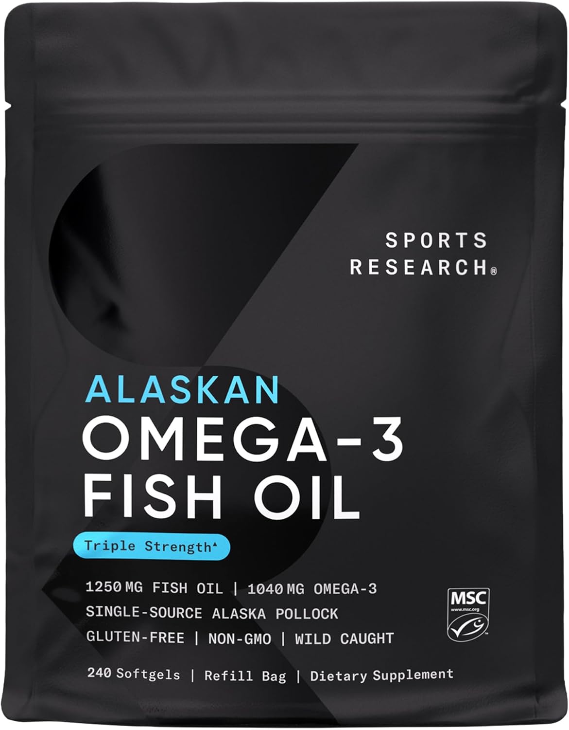 Sports Research Triple Strength Omega 3 Fish Oil 1250mg from Wild Alaskan Pollock - Burpless Fish Oil Supplement with Omega-3 EPA & DHA - Sustainably Sourced, Non-GMO, Gluten Free - 30 Softgels