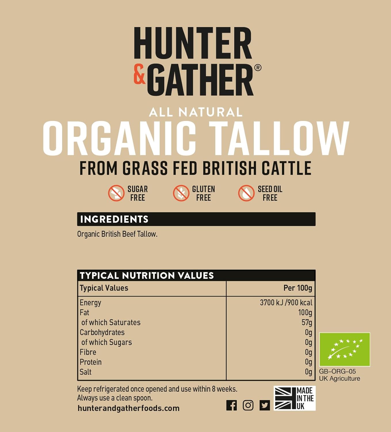 Hunter & Gather Organic Beef Tallow from Grass Fed British Cows 300g | Gluten Free, Seed Oil Free | Keto, Low Carb, Paleo I Ancestrally Inspired Nutrition I Simply 1 Ingredient I Glass Jar