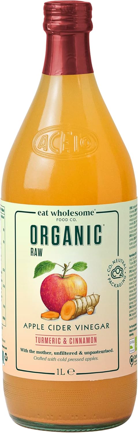 Eat Wholesome Organic Ginger, Turmeric and Chilli Raw Apple Fire Cider Vinegar with The Mother, Glass Bottle in Box, 1L