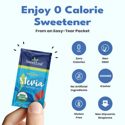 SweetLeaf Organic Stevia Packets - Zero Calorie Stevia Powder, No Bitter Aftertaste, Sugar Substitute for Keto Coffee, Nothing Artificial, Non-GMO Stevia Sweetener Packets, 70 Count