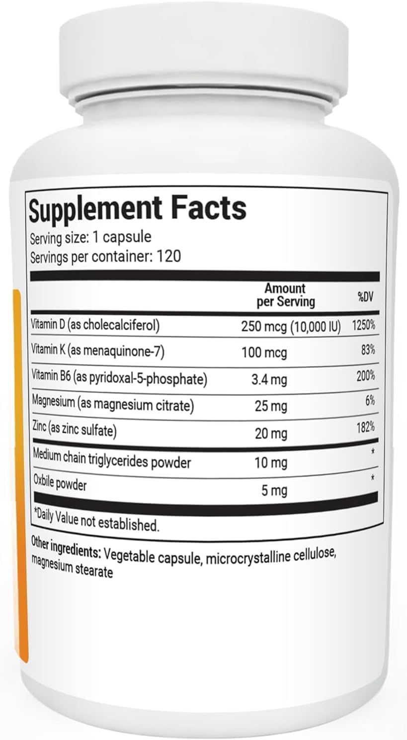 Dr. Berg D3 K2 Vitamin 5000 IU w/MCT Powder - Includes 50 mcg MK7 Vitamin K2, Purified Bile Salts, Zinc & Magnesium for Ultimate Absorption - K2 D3 Vitamin Supplement - 60 Capsules