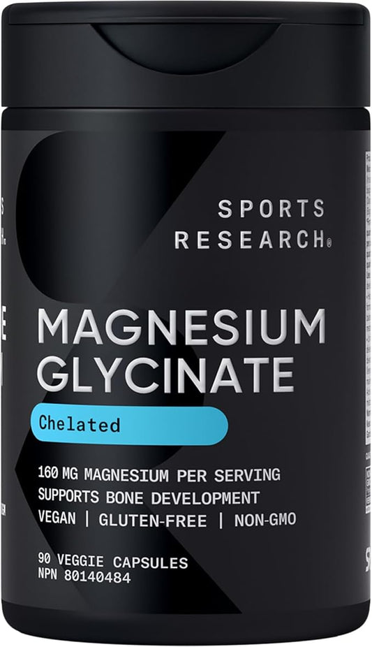 Sports Research® Magnesium Glycinate - Supports Restful Sleep & Enzymatic Processes - 160 mg Chelated Magnesium - Vegan Capsule - 90 Count