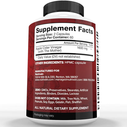Nutrivein Apple Cider Vinegar Supplement with Mother 1600 mg - 120 Capsules