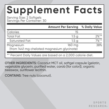Sports Research® Magnesium Glycinate - Supports Restful Sleep & Enzymatic Processes - 160 mg Chelated Magnesium - Vegan Capsule - 90 Count