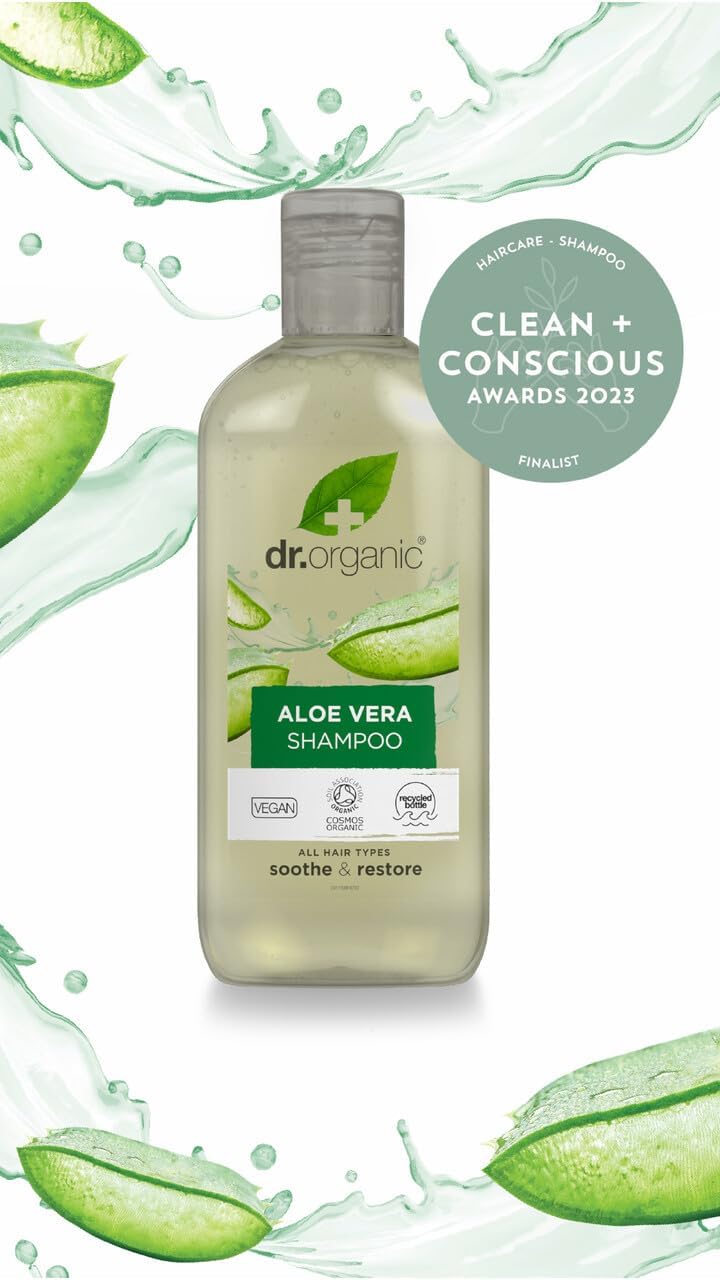 Dr Organic Aloe Vera Shampoo, Soothing, All Hair Types, Natural, Vegan, Cruelty-Free, Paraben & SLS-Free, Recyclable & Recycled Ocean Bound Plastic, Certified Organic, 265ml, Packaging may vary