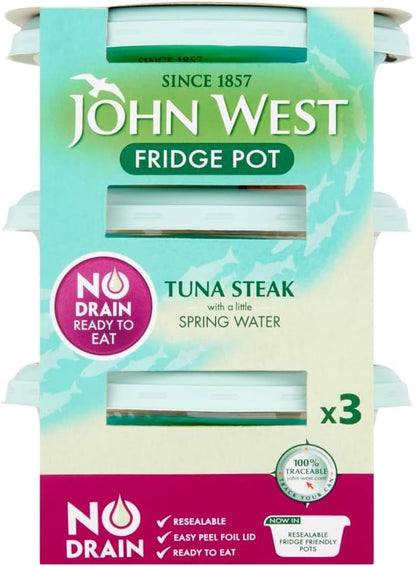 John West No Drain Fridge Pot Tuna Steak with a Little Sunflower Oil 3 X 110 g. Natural high in Protein