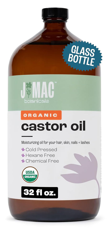J MAC BOTANICALS Organic Castor Oil Cold Pressed in Amber Glass Bottle (4oz, NO DROPPER) USDA Certified, Hexane Free - Moisturizing Oil for Hair, Skin, Face, Eyelashes, Brows, Nails, and Castor Wraps