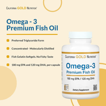 Omega-3 Premium Fish Oil by California Gold Nutrition, Concentrated Formula with EPA & DHA, Support for Optimal Lipid Profile & Immune System, Gluten Free, Non-GMO, 100 Fish Gelatin Softgels